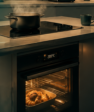 Cocina con la vitrocerámica y el horno encendidos: aparatos que suman potencia contratada